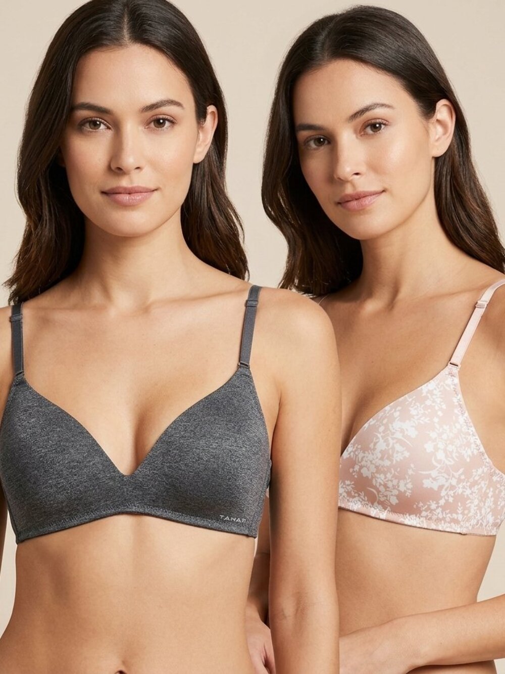 TAHARI Set of 2 Lightly Padded Wireless Bras - Dark Gray Heather & Floral 36B